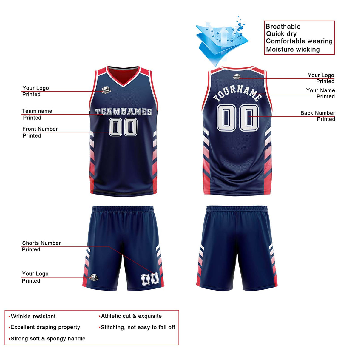 Traje de baloncesto reversible azul marino-rojo y blanco personalizado para adultos y niños