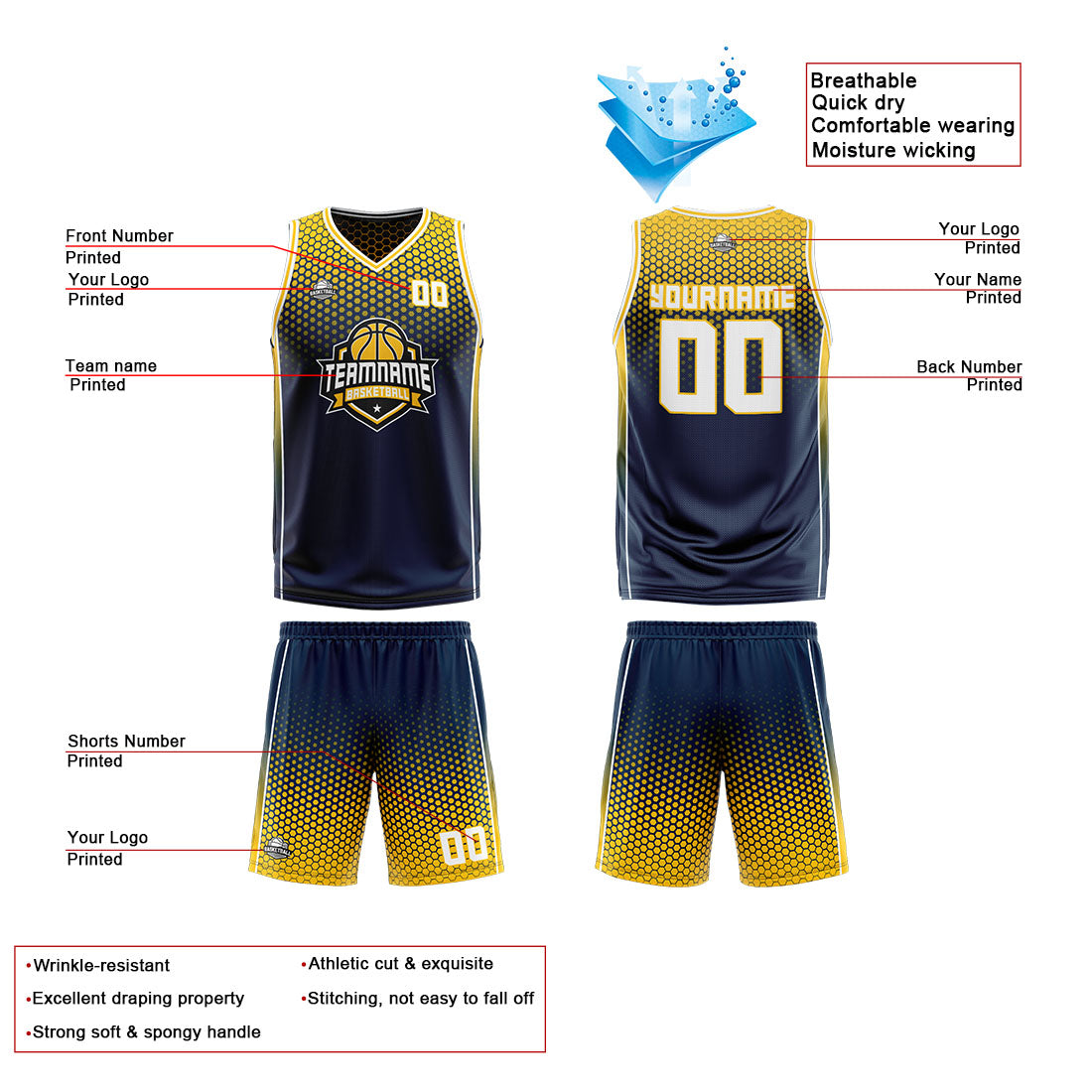 Traje de baloncesto reversible azul marino y amarillo personalizado para adultos y niños