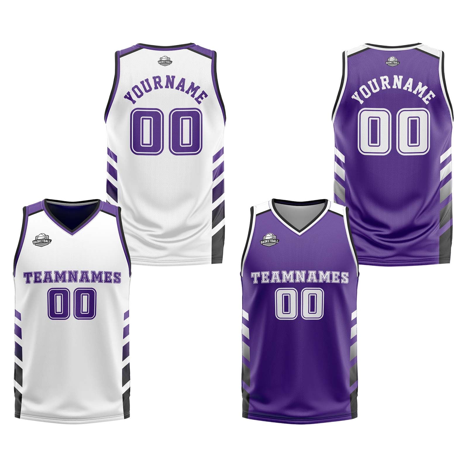 Traje de baloncesto reversible personalizado blanco-morado y negro para adultos y niños
