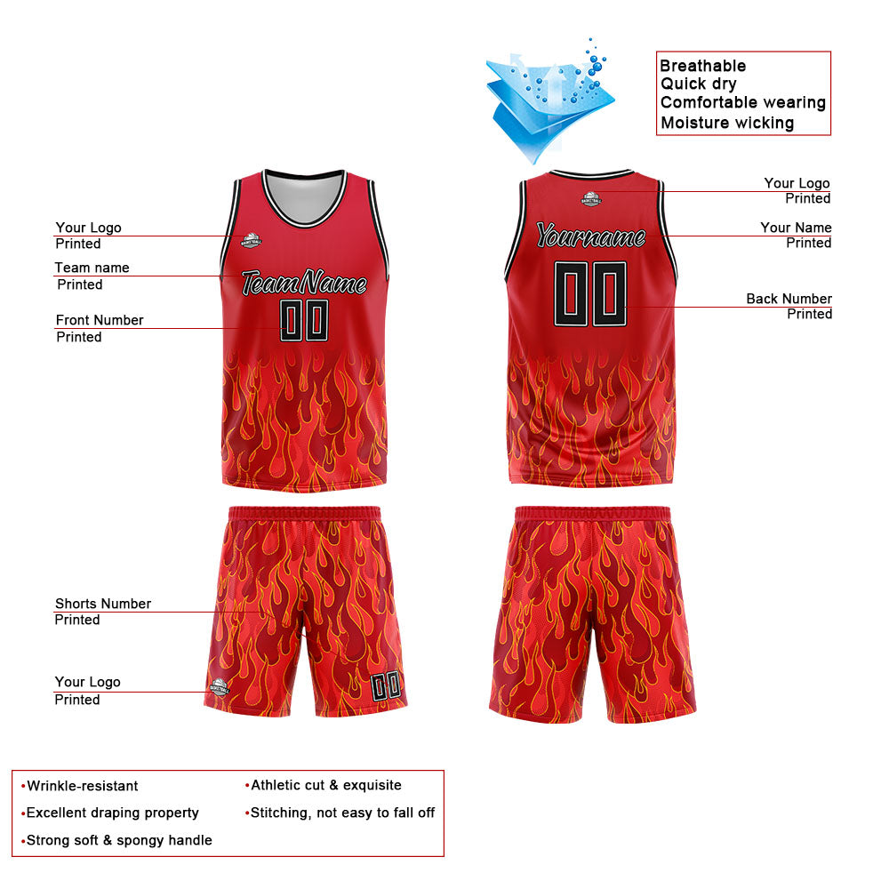 Uniforme de baloncesto personalizado con diseño de llama roja-impreso con tu logotipo-nombre y número