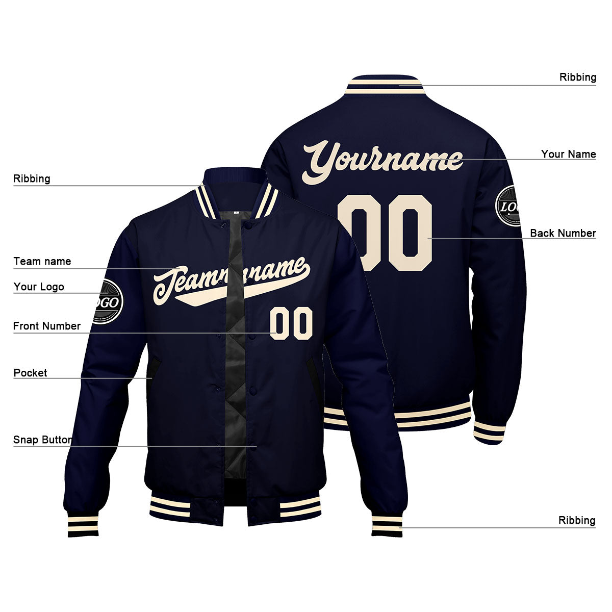 Chaqueta universitaria personalizada estilo Letterman para hombres-mujeres y jóvenes-color azul marino y crema