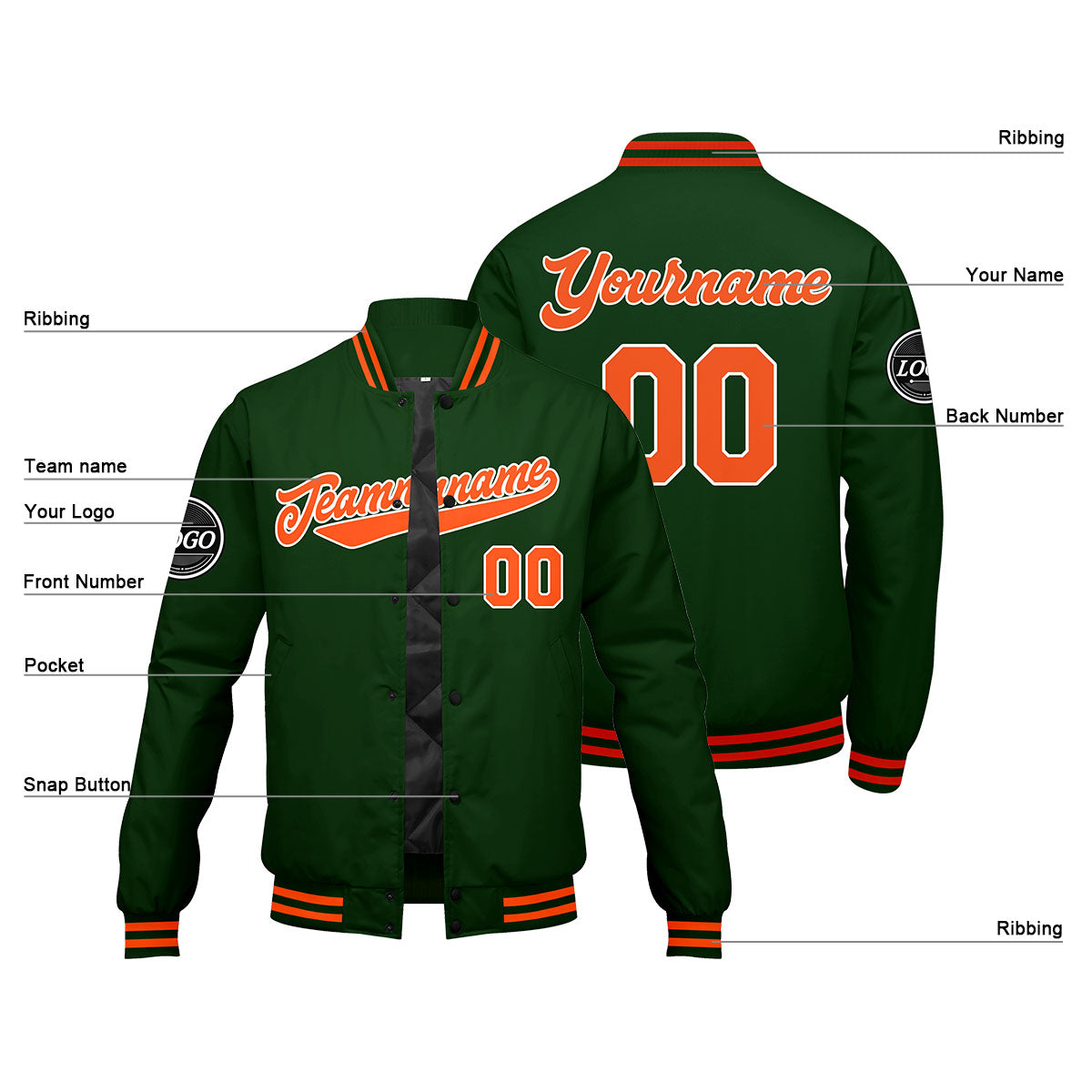Chaqueta universitaria personalizada estilo Letterman para hombres-mujeres y jóvenes-color verde oscuro y naranja