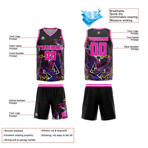 Uniforme de baloncesto rosa con geometría dañada personalizada-estampado con tu logotipo-nombre y número