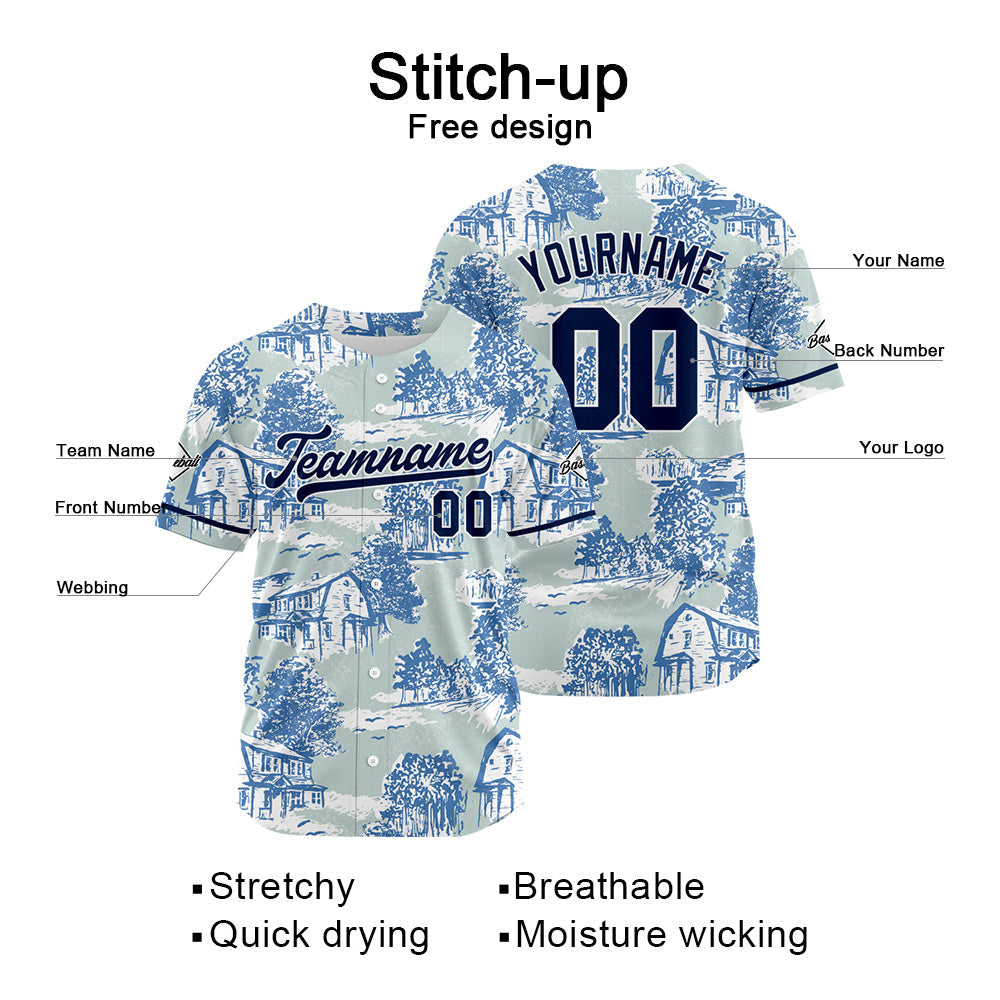 Camiseta de béisbol azul con dise?o personalizado estampado completo