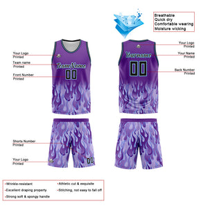 Uniforme de baloncesto personalizado con diseño de llama morada y estampado de tu logotipo-nombre y número