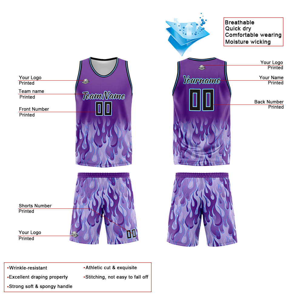 Uniforme de baloncesto personalizado con diseño de llama morada y estampado de tu logotipo-nombre y número