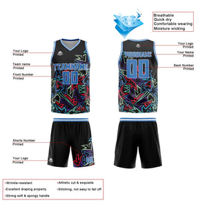 Uniforme de baloncesto azul con diseño geométrico personalizado y dañado-impreso con tu logotipo-nombre y número