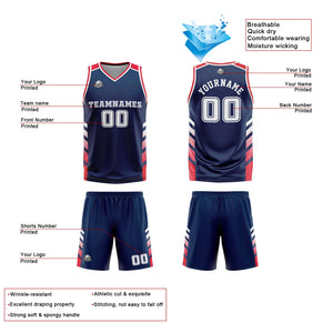 Traje de baloncesto reversible personalizado azul marino-blanco y rojo para adultos y niños