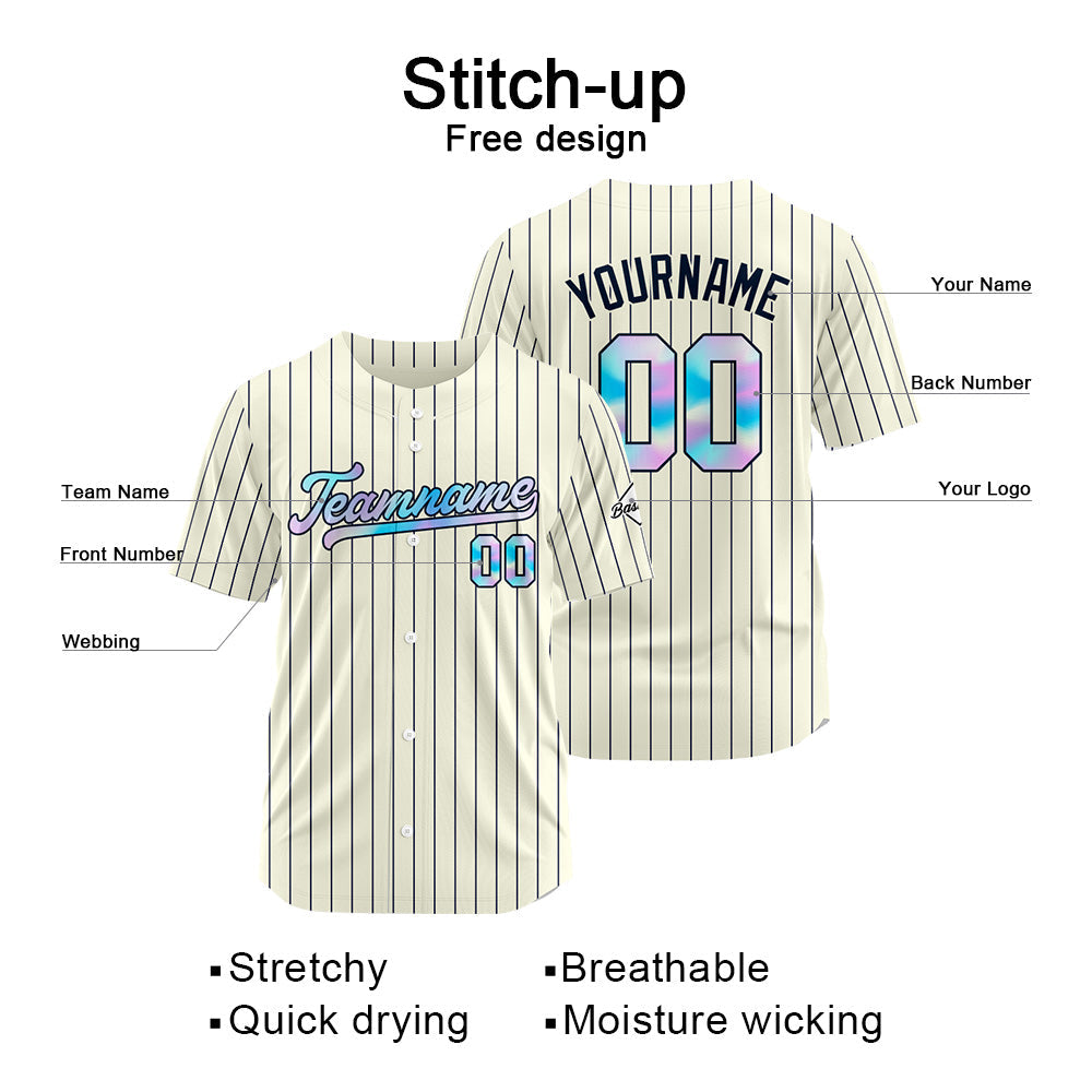 Camiseta de béisbol personalizada de rayas color crema y azul marino con diseño bordado Camisetas de béisbol de hip hop personalizadas