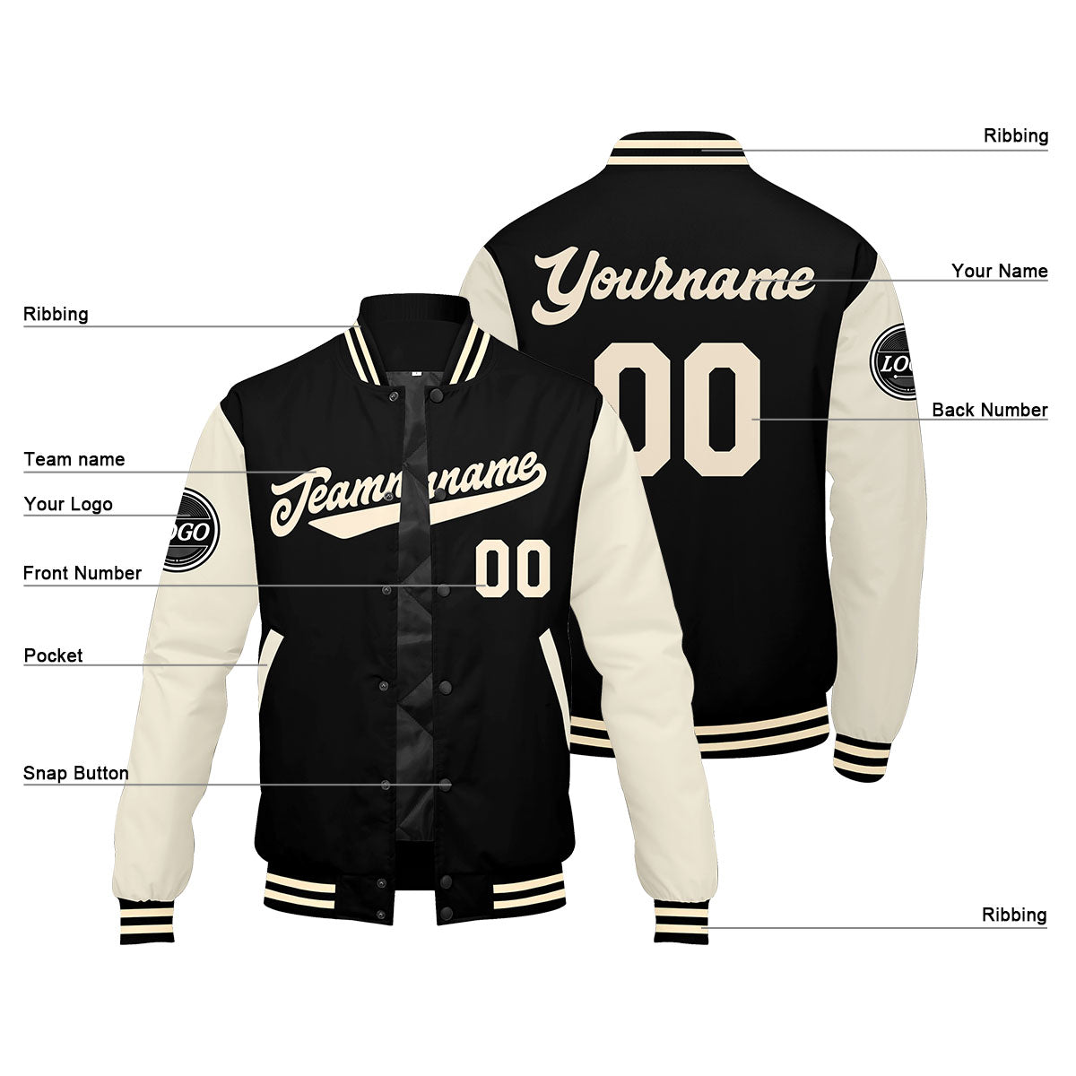Chaqueta universitaria personalizada estilo Letterman para hombres-mujeres y jóvenes-color negro y crema