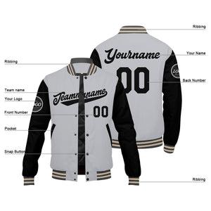 Chaqueta universitaria personalizada estilo Letterman para hombres-mujeres y jóvenes en color gris-negro y crema