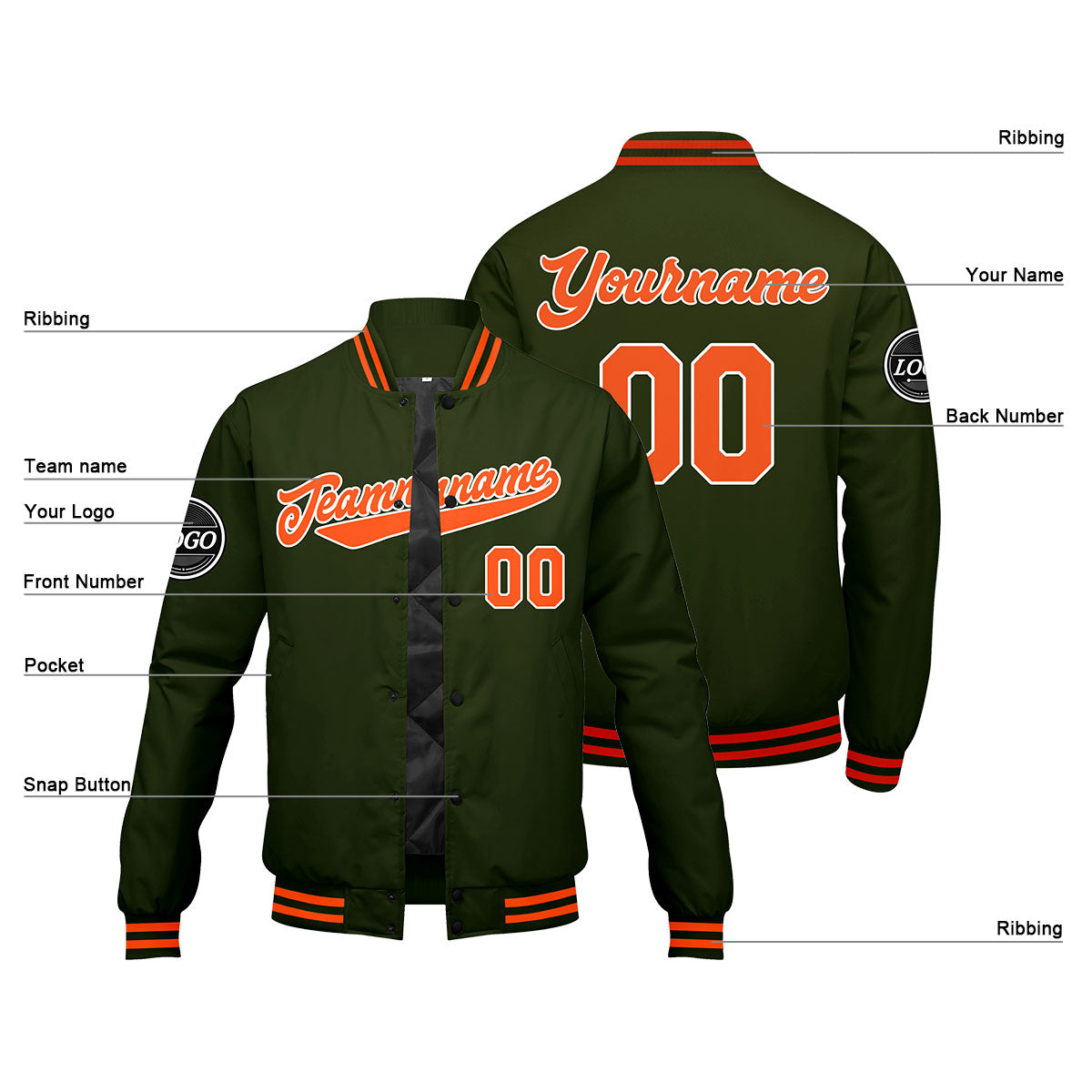 Chaqueta universitaria personalizada estilo Letterman para hombres-mujeres y jóvenes-color verde oliva y naranja