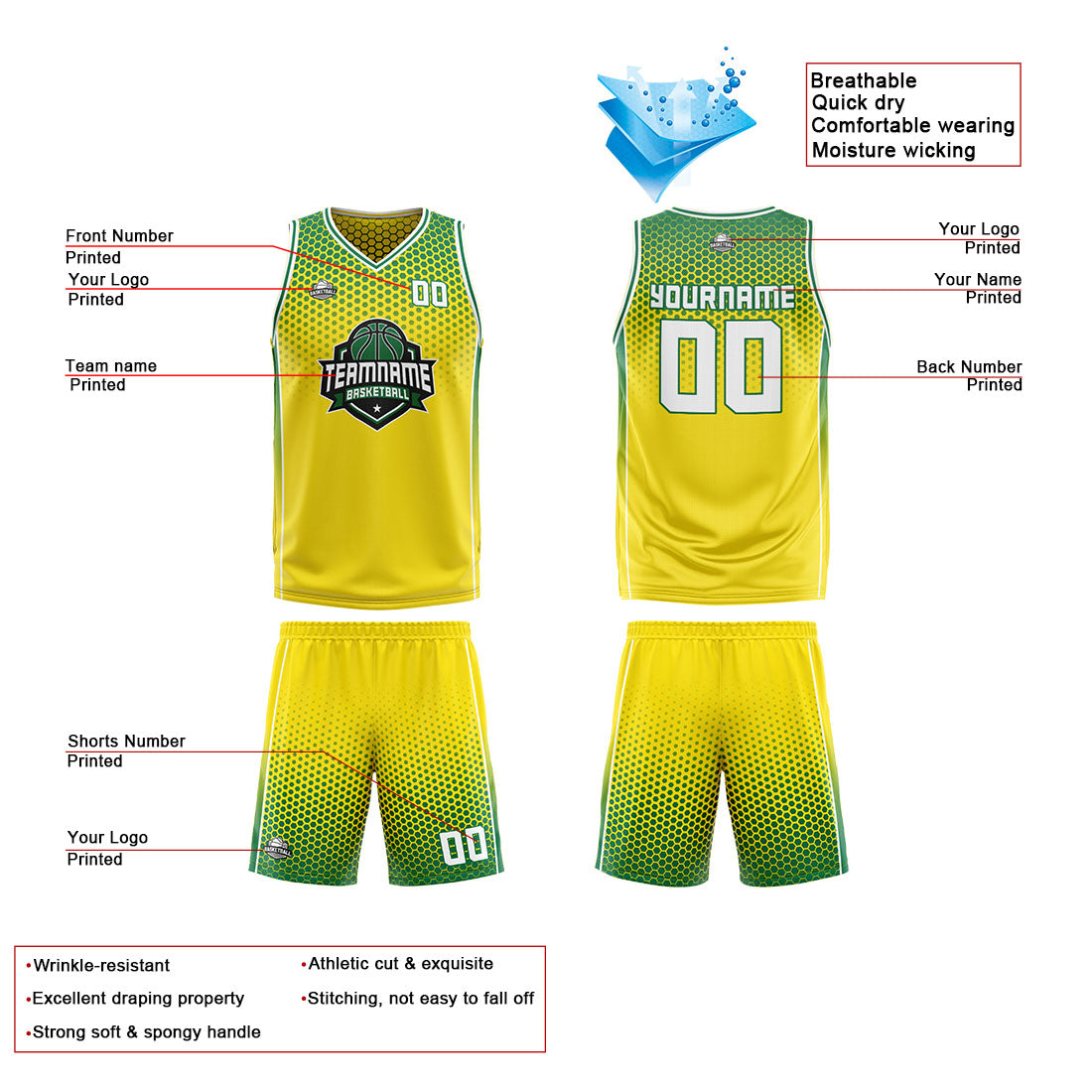 Traje de baloncesto reversible amarillo y verde personalizado para adultos y niños