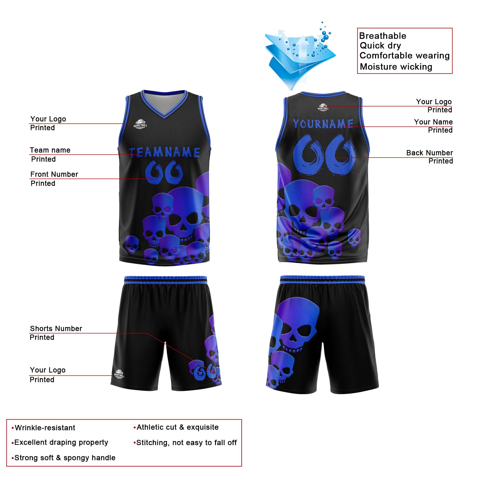 Uniforme de baloncesto azul fluido personalizado con tu logotipo-nombre y número impresos