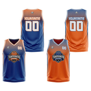 Traje de baloncesto reversible azul-naranja y blanco personalizado para adultos y niños