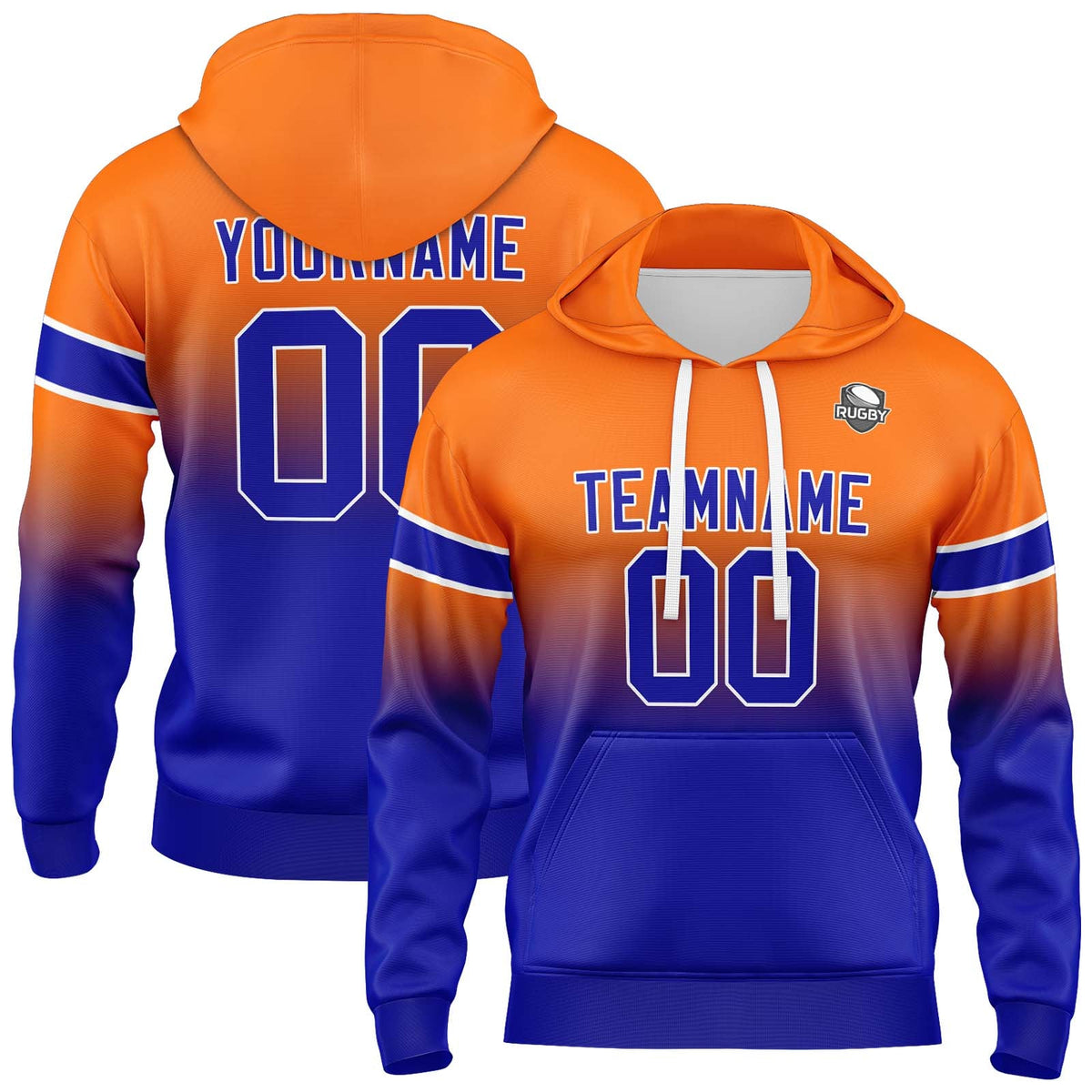 Sudadera con capucha personalizada con degradado para hombre-mujer-niña o niño Imprime tu logotipo-nombre y número Color naranja y azul marino