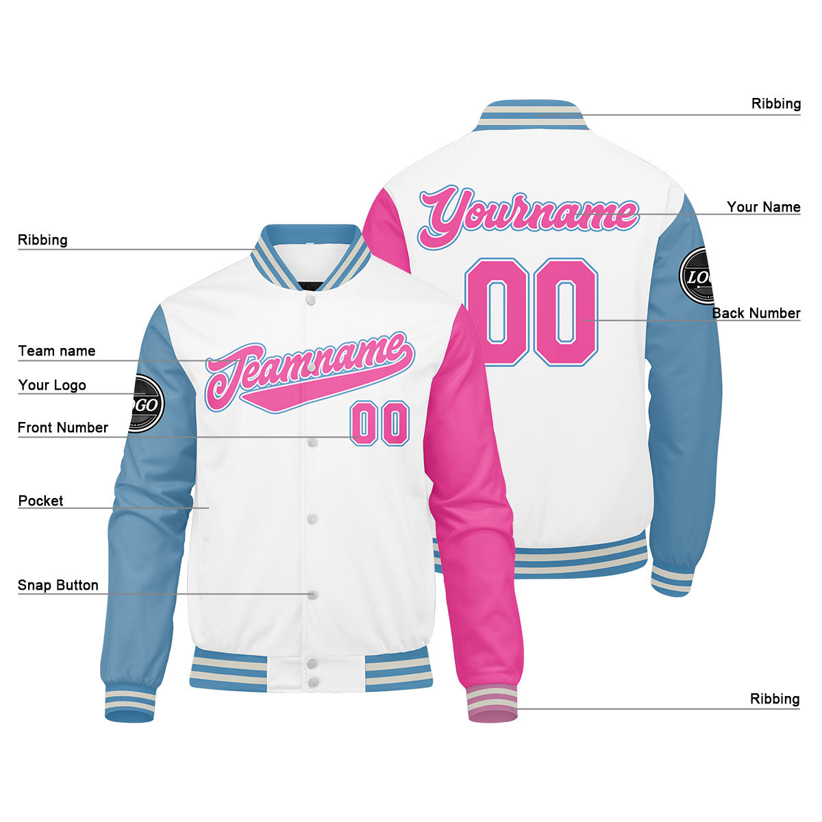 Chaqueta universitaria personalizada estilo Letterman para hombres-mujeres y jóvenes en blanco-azul claro y rosa