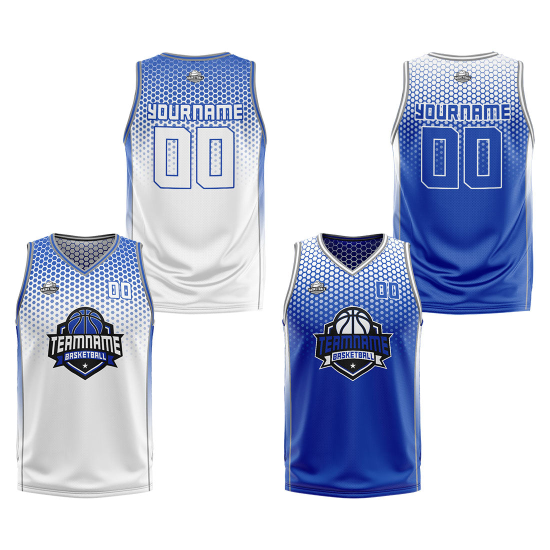 Traje de baloncesto reversible blanco y azul personalizado para adultos y niños
