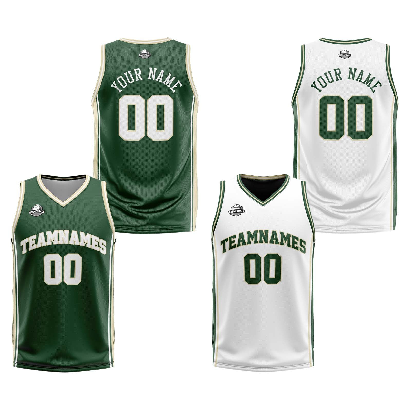 Traje de baloncesto reversible personalizado en verde oscuro-blanco y crema para adultos y niños