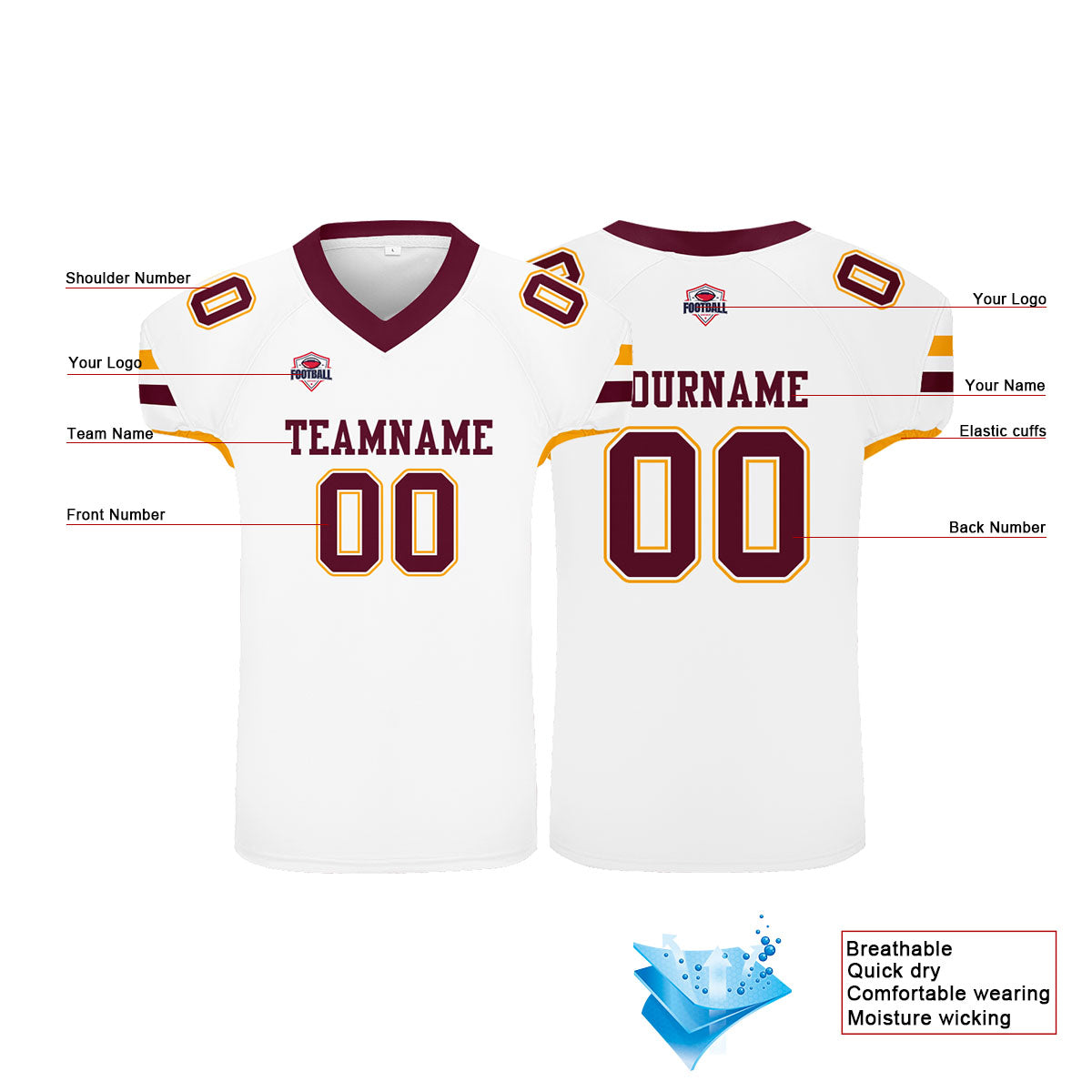 Camiseta de fútbol personalizada con nombre y número del equipo impresos en color blanco
