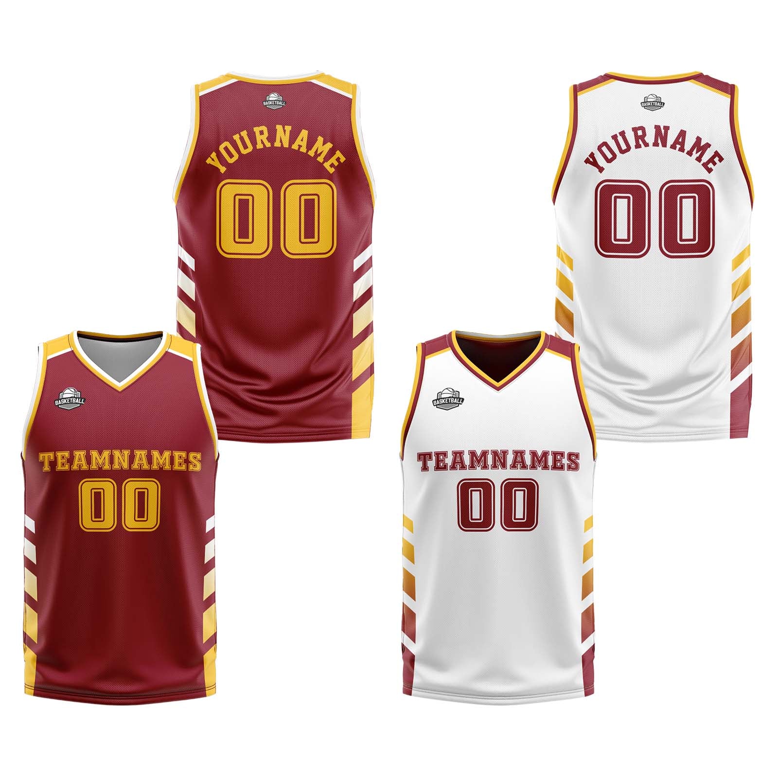 Traje de baloncesto reversible personalizado en burdeos-blanco y amarillo para adultos y niños