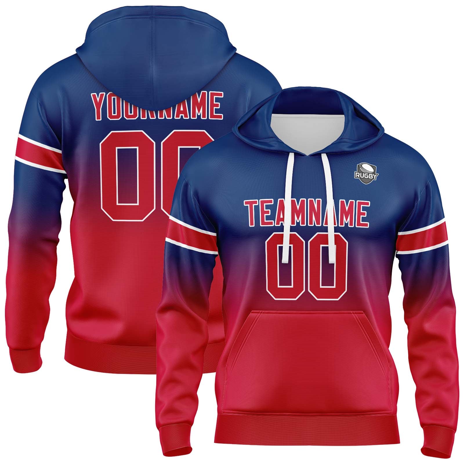 Sudadera con capucha personalizada con degradado para hombre-mujer-niña o niño Estampa tu logotipo-nombre o número en azul marino y rojo