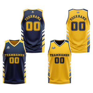 Traje de baloncesto reversible personalizado azul marino-amarillo y blanco para adultos y niños