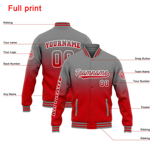 Chaqueta universitaria personalizada estilo Letterman para hombres-mujeres y jóvenes-color gris degradado rojo