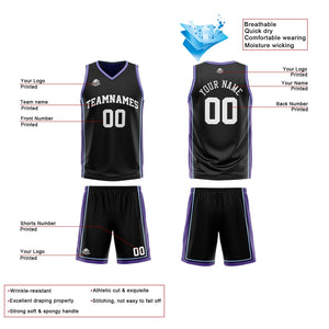 Traje de baloncesto reversible personalizado en negro-morado y blanco para adultos y niños