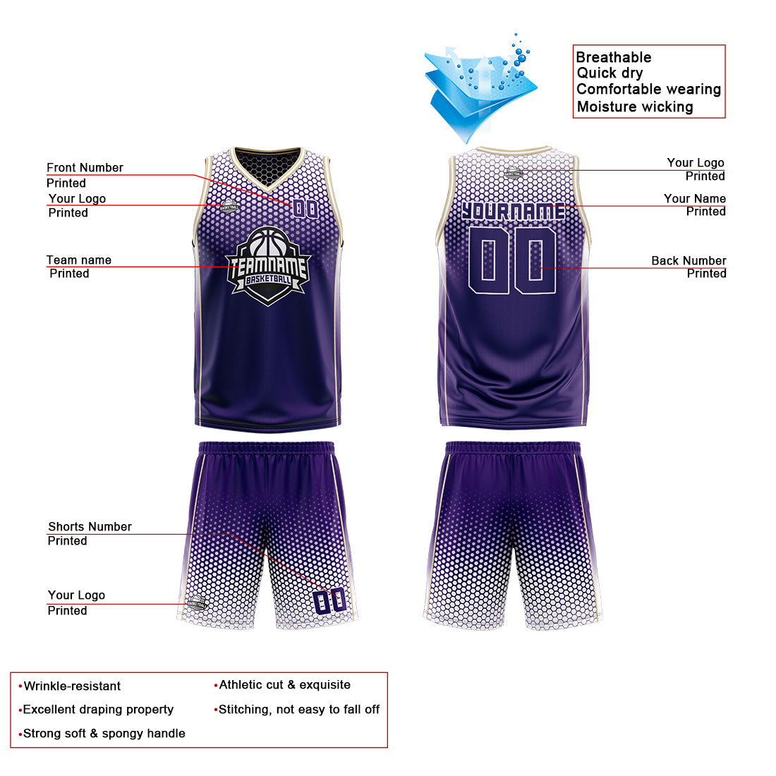 Traje de baloncesto reversible morado y blanco personalizado para adultos y niños