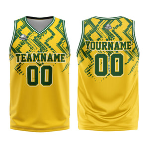 Uniforme de baloncesto personalizado amarillo y verde con tu logotipo-nombre y número impresos