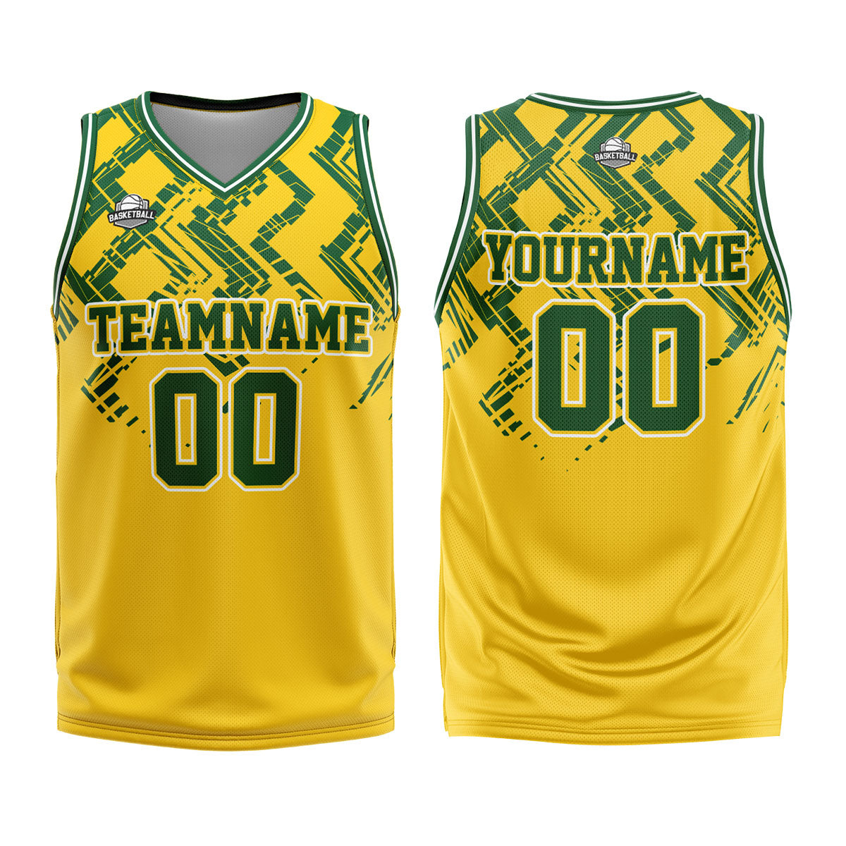 Uniforme de baloncesto personalizado amarillo y verde con tu logotipo-nombre y número impresos