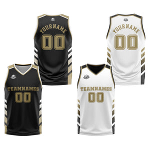 Traje de baloncesto reversible personalizado en negro-blanco y dorado para adultos y niños
