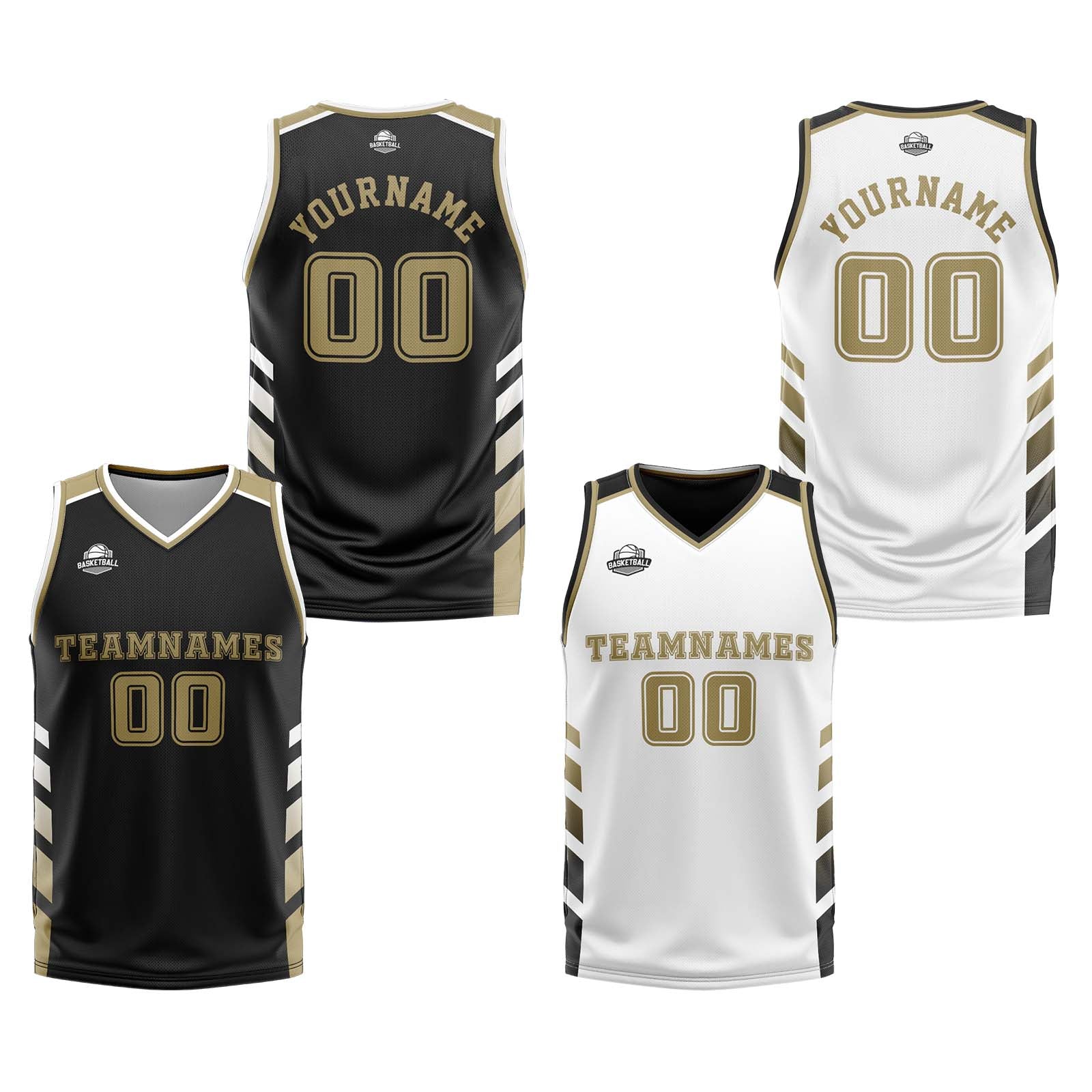 Traje de baloncesto reversible personalizado en negro-blanco y dorado para adultos y niños