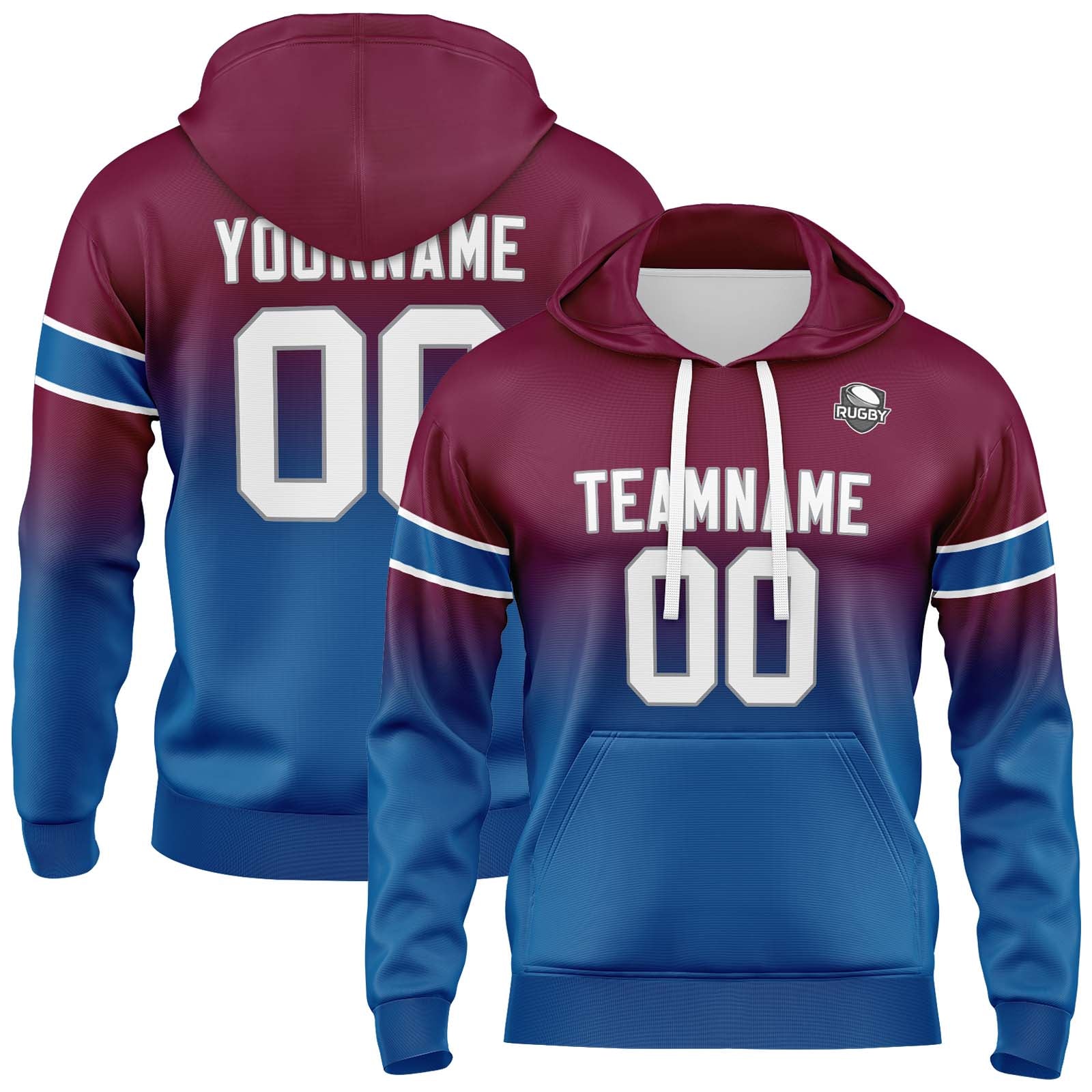 Sudadera con capucha personalizada con degradado para hombre-mujer-niña o niño Estampa tu logotipo-nombre y número en color burdeos y azul