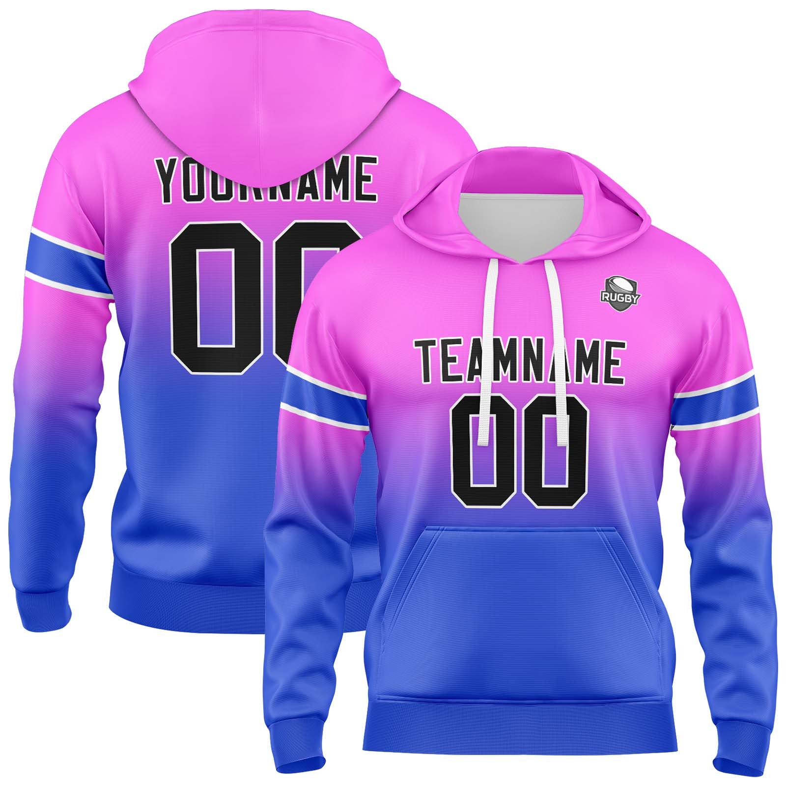 Sudadera con capucha personalizada con degradado para hombre-mujer-niña o niño Estampa tu logotipo-nombre y número en rosa y azul