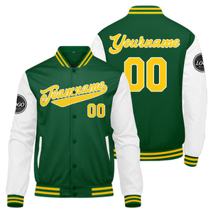 Chaqueta universitaria personalizada estilo Letterman para hombres-mujeres y jóvenes en colores verde-amarillo y blanco