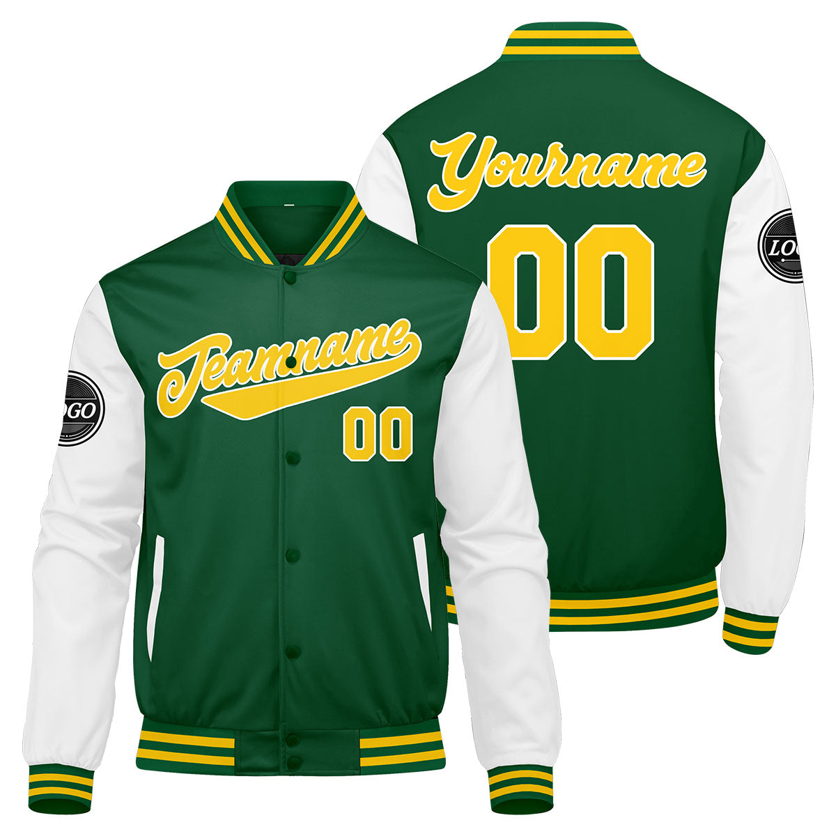 Chaqueta universitaria personalizada estilo Letterman para hombres-mujeres y jóvenes en colores verde-amarillo y blanco