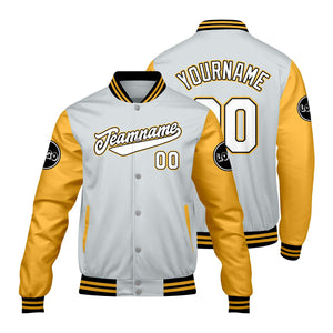 Chaquetas universitarias personalizadas en gris claro y amarillo para hombres & mujeres y jóvenes & Chaquetas tipo Letterman personalizadas