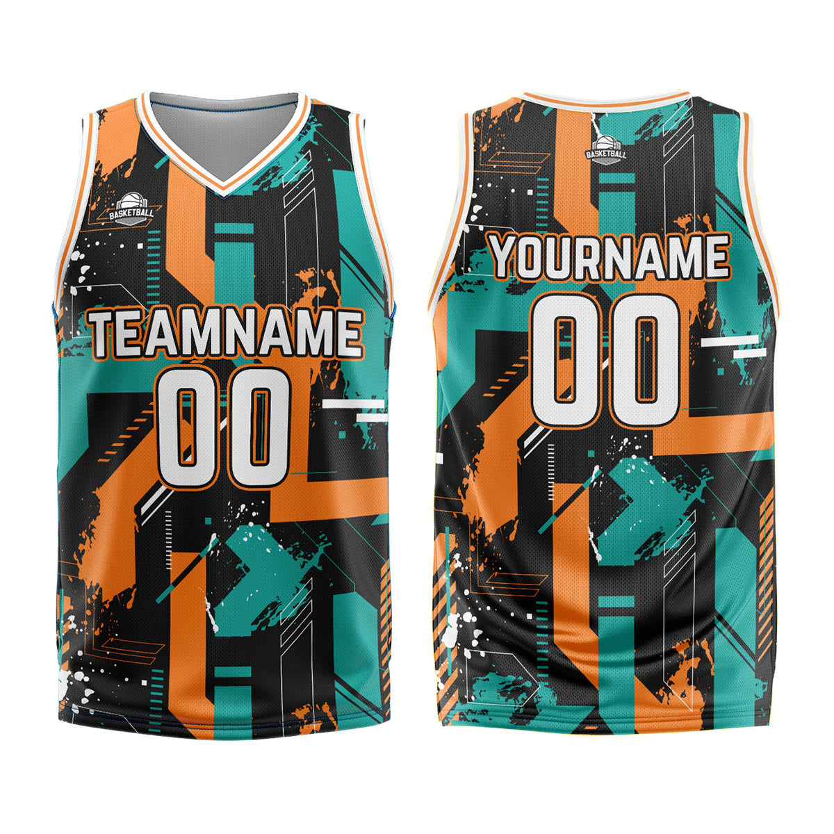 Uniforme de baloncesto personalizado Geometría Aqua Naranja con tu logotipo-nombre y número impresos