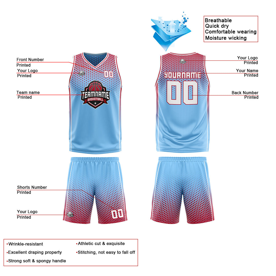 Traje de baloncesto reversible azul-rojo y blanco personalizado para adultos y niños