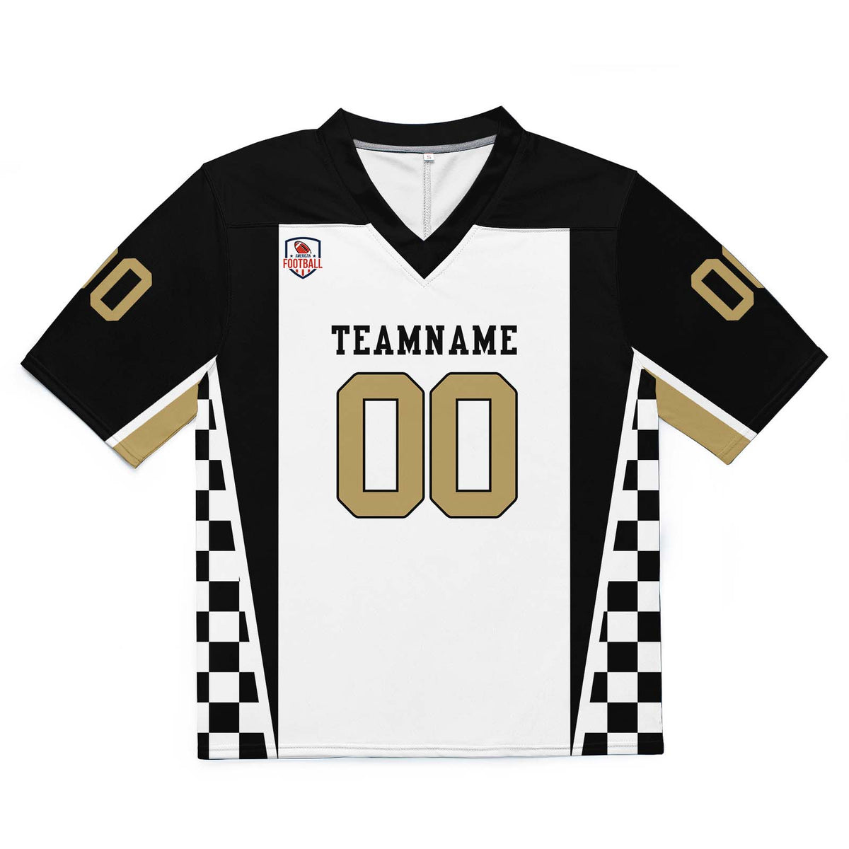 Camiseta de fútbol personalizada con nombre y número del equipo bordados y estampados en blanco y negro