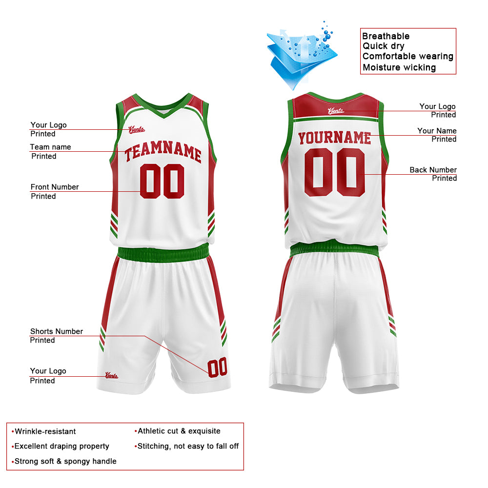 Uniforme de baloncesto personalizado blanco-rojo y verde con tu logotipo-nombre y número impresos