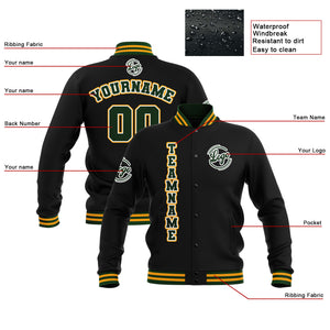 Chaquetas universitarias impermeables personalizadas en negro-verde oscuro y amarillo con nombre-número y logotipo bordados a medida