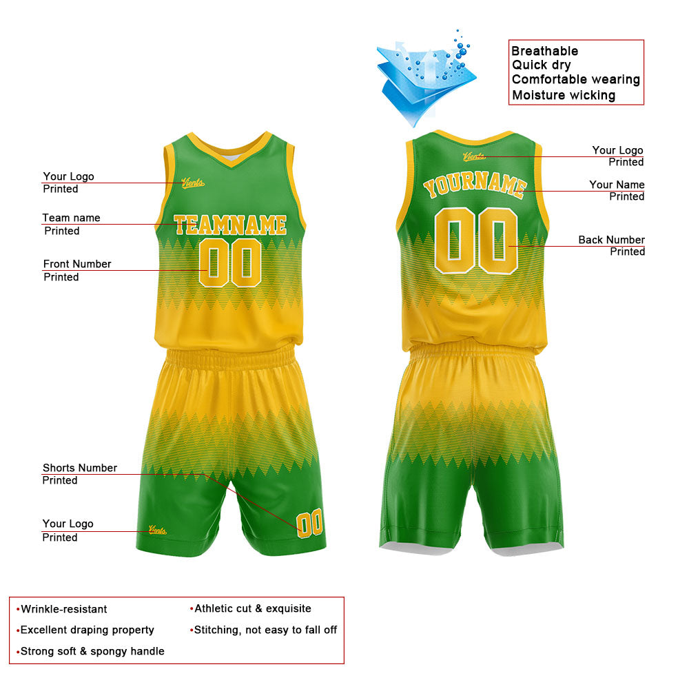 Uniforme de baloncesto personalizado amarillo y verde con tu logotipo-nombre y número impresos