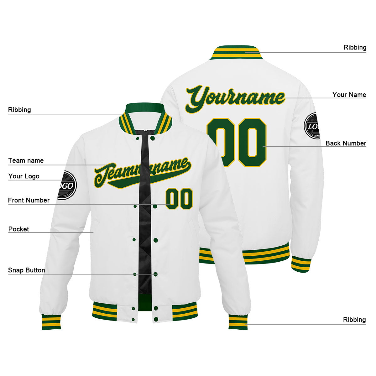 Chaqueta universitaria personalizada estilo Letterman para hombres-mujeres y jóvenes en colores verde-amarillo y blanco