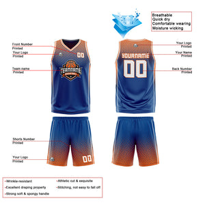 Traje de baloncesto reversible azul-naranja y blanco personalizado para adultos y niños