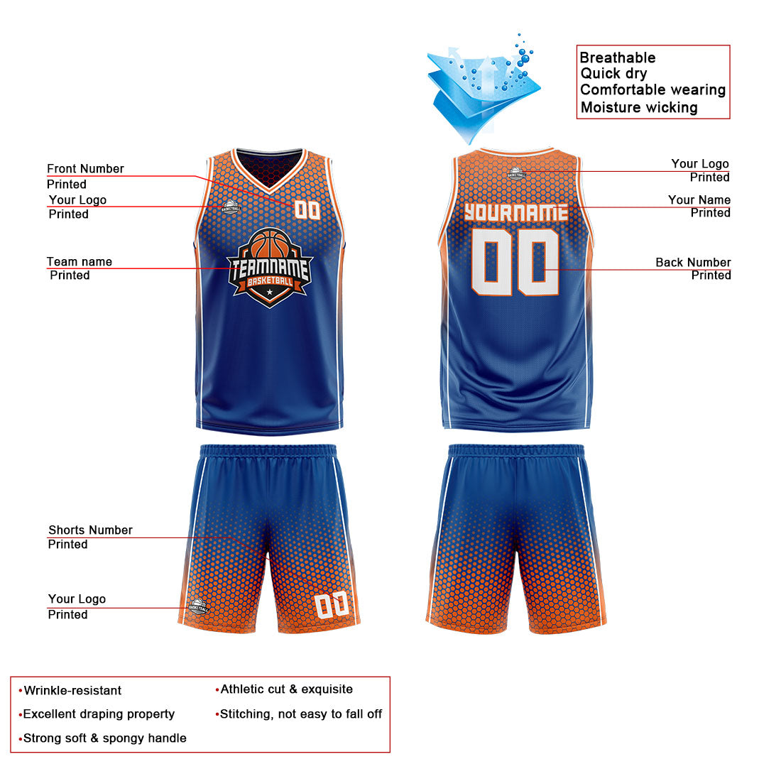 Traje de baloncesto reversible azul-naranja y blanco personalizado para adultos y niños