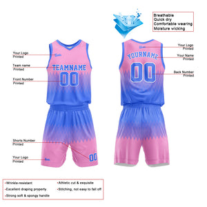 Uniforme de baloncesto personalizado azul y rosa con tu logotipo-nombre y número impresos