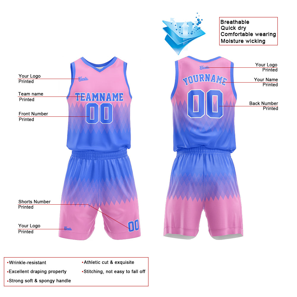 Uniforme de baloncesto personalizado azul y rosa con tu logotipo-nombre y número impresos